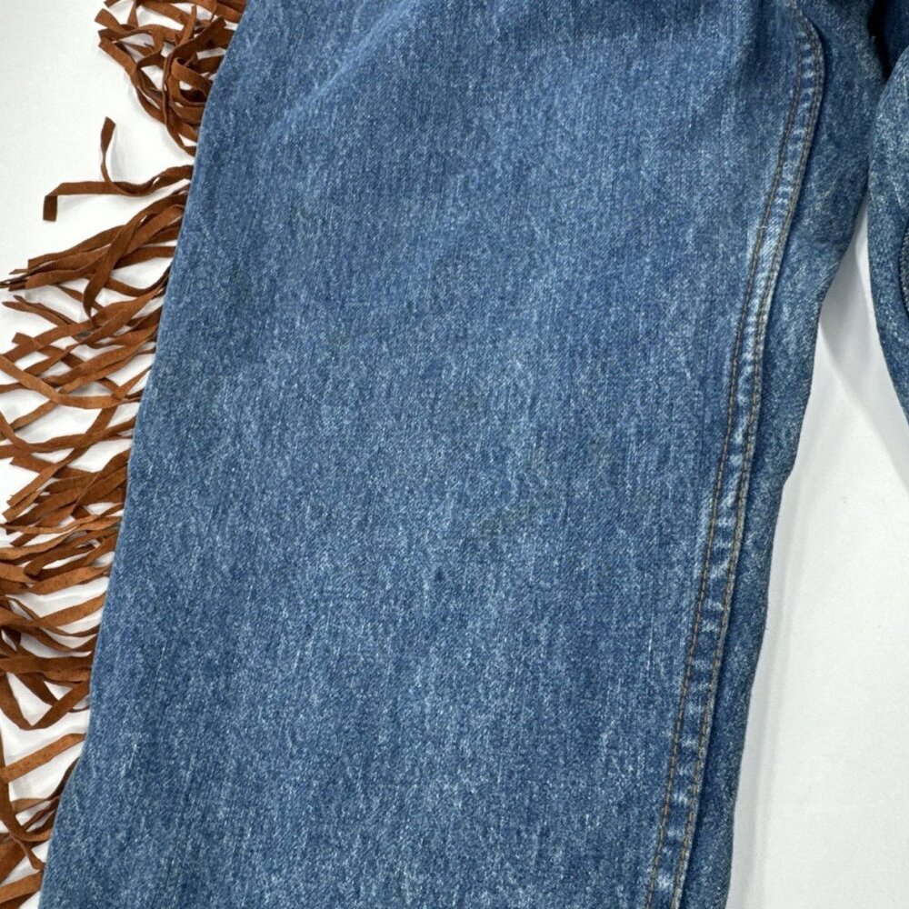 Vintage Leather Fringe Trim Jeans Mens 32x30 Blue Denim Tapered High Waist NWT - Picture 8 of 9